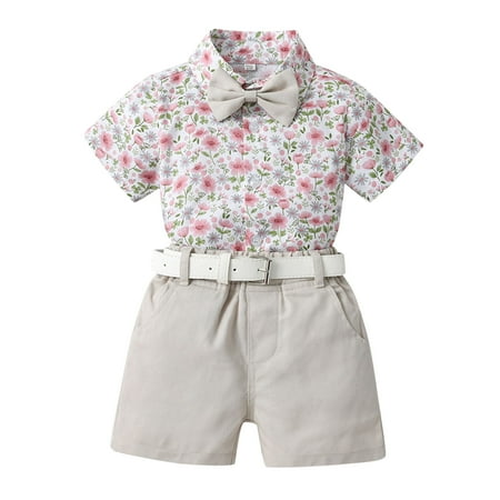 

GWAABD Toddler Baby Boys Clothes Toddler Boys Short Sleeve Shirt Tops Shorts with Tie Belt Child Kids Gentleman Outfits