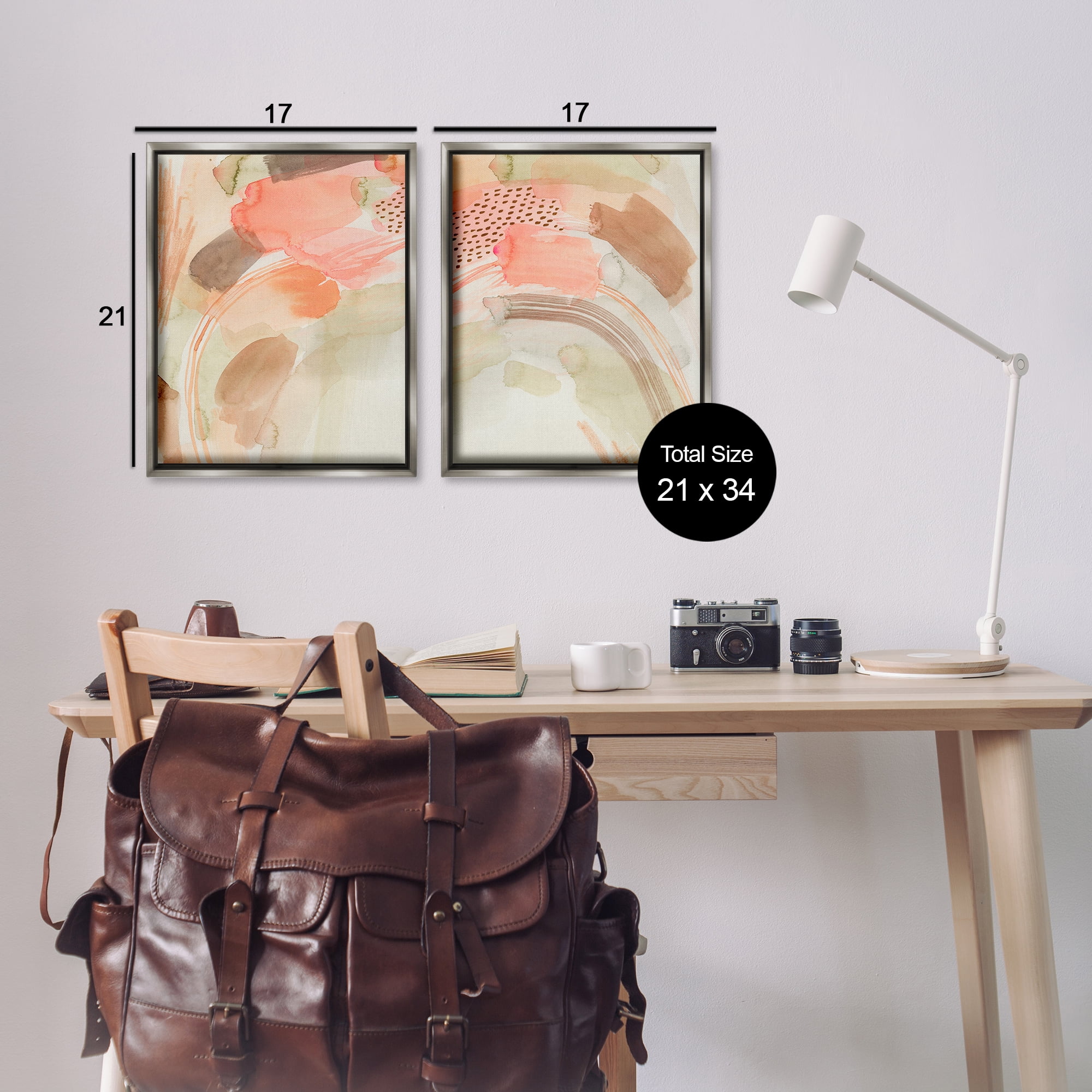 Stupell Industries Pink Peach Abstract Watercolor Abstract Painting Gray Floater Framed Canvas Art Print Wall Art, 17 x 21, Set of 2
