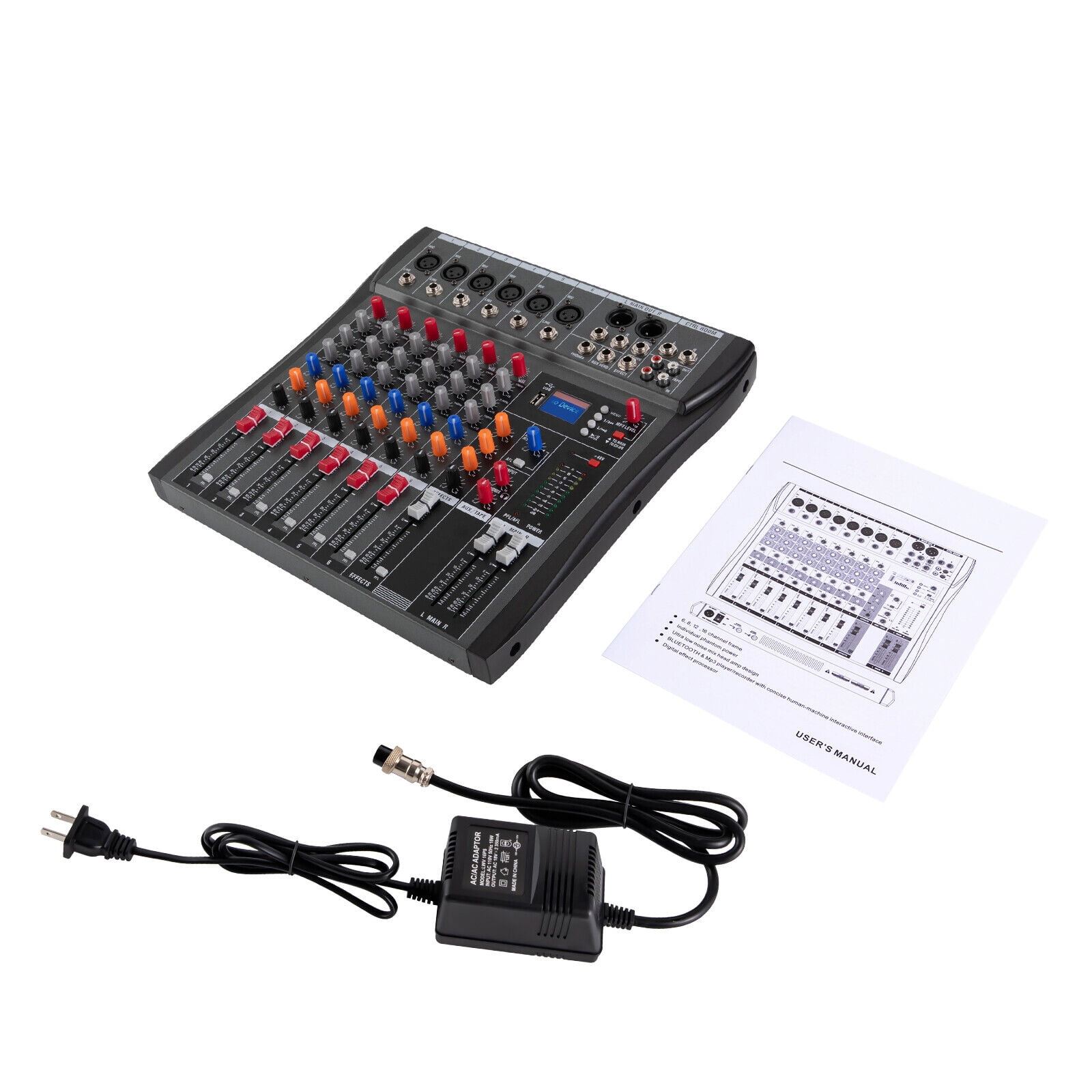 Professional Digital 6-Channel Audio Mixer with Bluetooth, 48V Phantom Power, Built-in Music Modes, and LCD Display