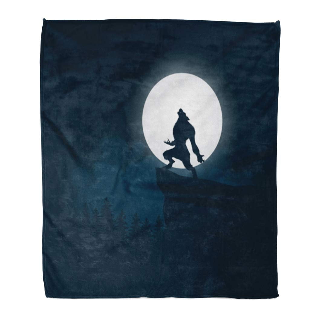 Jsdart Throw Blanket 50x60 Inches Black Wolf Werewolf Silhouette Halloween Night With And Moon Moonlight Blue Warm Flannel Soft Blanket For Couch Sofa