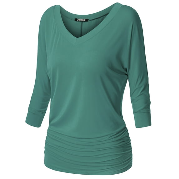 Thanth Womens Dolman Sleeves V-Neck Solid Shirring Drape Basic Tunic Top