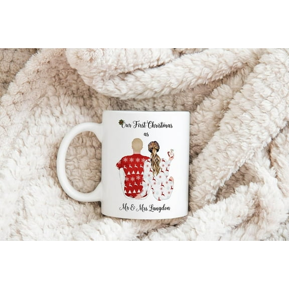 Personalized First Christmas Mr & Mrs Coffee Mug, Matching Holiday Sweater Design, White Ceramic Cup, Gift For Family, Couples, 11oz