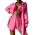 thumbnail image 2 of KelaJuan Women Summer 2 Pieces Clothes Outfits Solid Color Turn-Down Collar Long Sleeve Shirts and Elastic Waist Shorts Beach Holiday Set, 2 of 8