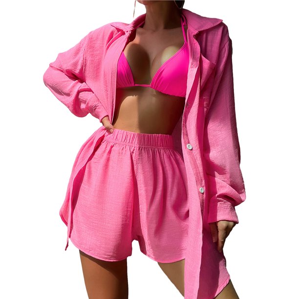 Mujeres Verano 2 Piezas Ropa Conjuntos Color Sólido Turn-Down Cuello Camisas de manga larga y pantalones cortos de cintura elástica Playa Conjunto de vacaciones Nituyy Conjunto de camisa de color sólido