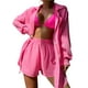 thumbnail image 1 of Mujeres Verano 2 Piezas Ropa Conjuntos Color Sólido Turn-Down Cuello Camisas de manga larga y pantalones cortos de cintura elástica Playa Conjunto de vacaciones Nituyy Conjunto de camisa de color sólido, 1 of 5