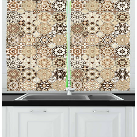 Eastern Curtains 2 Panels Set, Octagonal and Square Ornaments Retro Colored Old Fashioned Tile, Window Drapes for Living Room Bedroom, 55W X 39L Inches, Beige Dark Brown Pale Brown, by