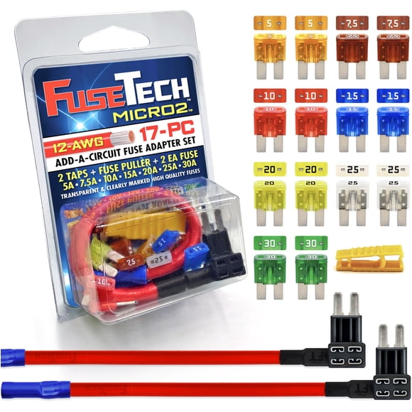 FuseTech 12 AWG Micro2 APT ATR 17 Piece Automotive Car Fuse Assortment and Holders Pack (2 Add-a-Circuit Fuse Tap Adapters, 14 Blade Fuses + Fuse Puller) 5A 7.5A 10A 15A 20A 25A 30A
