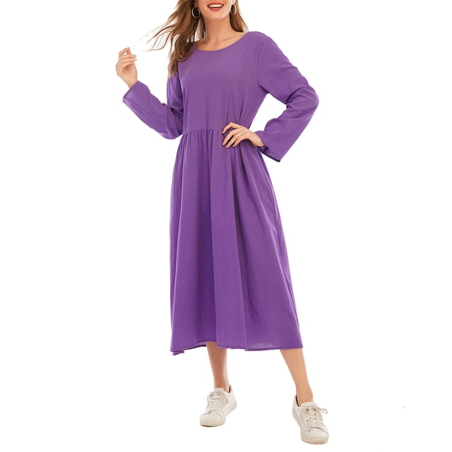 Vestido holgado de manga larga con bolsillos Vintage Plus Size Casual Boho Holiday Dress Abanopi Morado/3X-grande