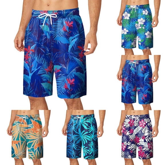 JAJAHO Mens Shorts Summer Hawaiian Tropical Printed Casual Drawstring Loose Fit Straight Leg Beach Shorts Versatile Bottoms