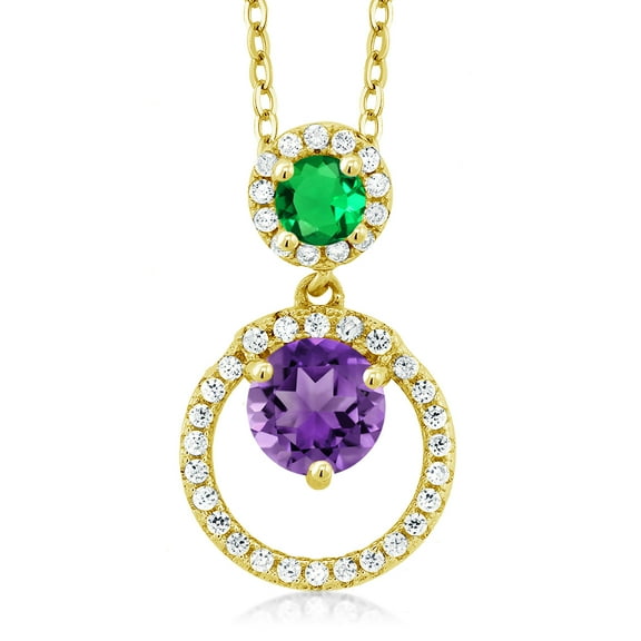 Gem Stone King 18K Yellow Gold Plated Silver Purple Amethyst and Green Nano Emerald Pendant Necklace for Women (1.90 Cttw, Gemstone February Birthstone, Round 6MM and 4MM)
