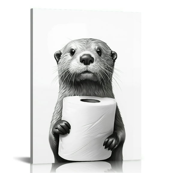 Bathroom Picture Wall Decor, Framed Black and White Bathroom Wall Art, Toilet Paper in Little Funny Raccoon's Hand Animal Canvas Print Painting for Bathroom