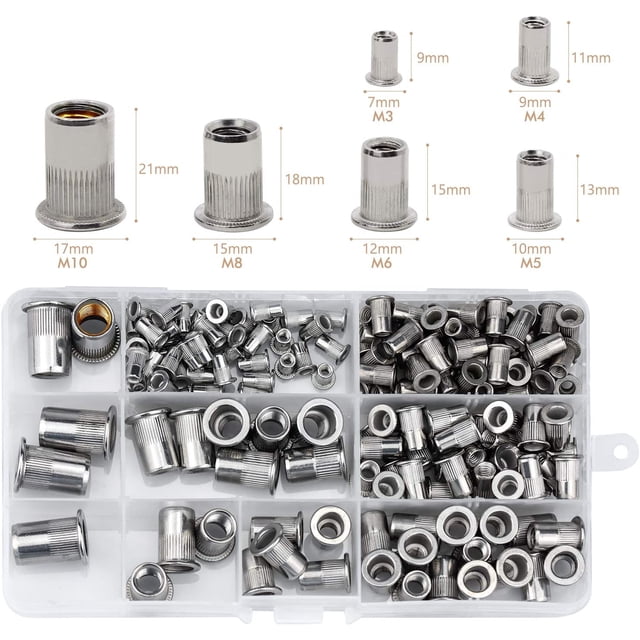 165 Pack Écrou Rivet en Acier Inoxydable, Outil Écrou Tête Filetée Plate Kit Assortiment de Capuchons Rivets M3 M4 M5 M6 M8 M10, Accessoire de Réparation de Fixation