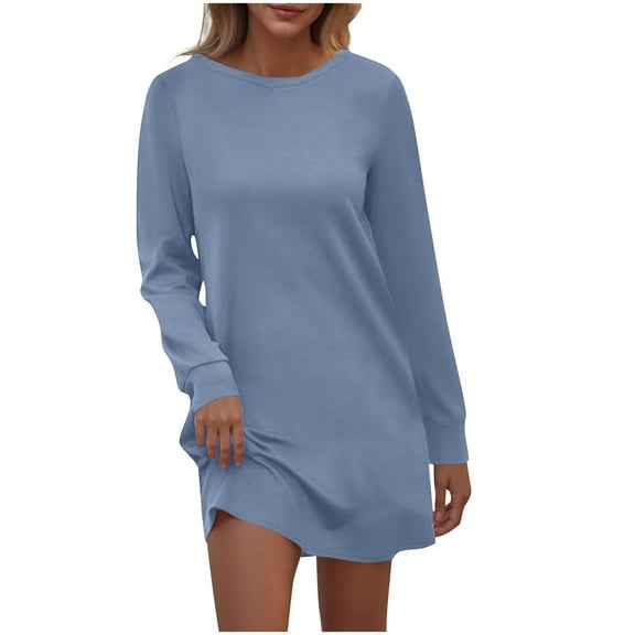 Npasoilc Dresses for Women Long Sleeve Round Neck Back Pleated T-Shirt Dresses with Pockets Lightweight Breathable Casual Daily Sweatshirt Dresses