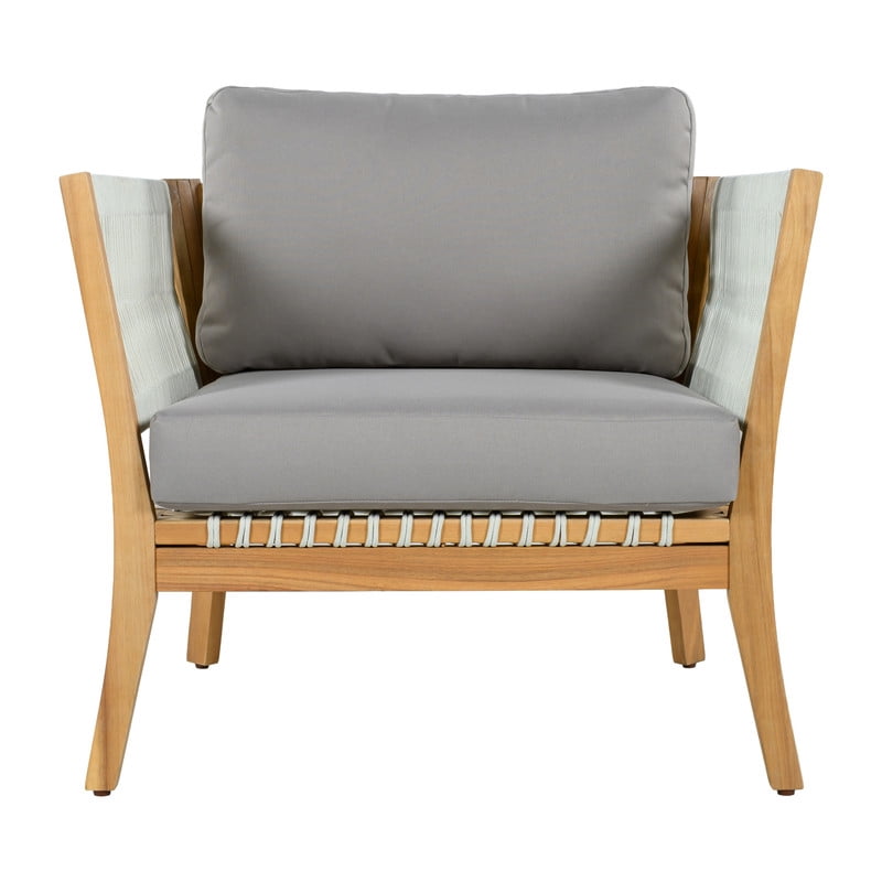 1Pcs Outdoor Acacia Wood Dining Chair with Woven Rope Armrests, Weather-Resistant Modern Accent Armchair with Thick Cushions