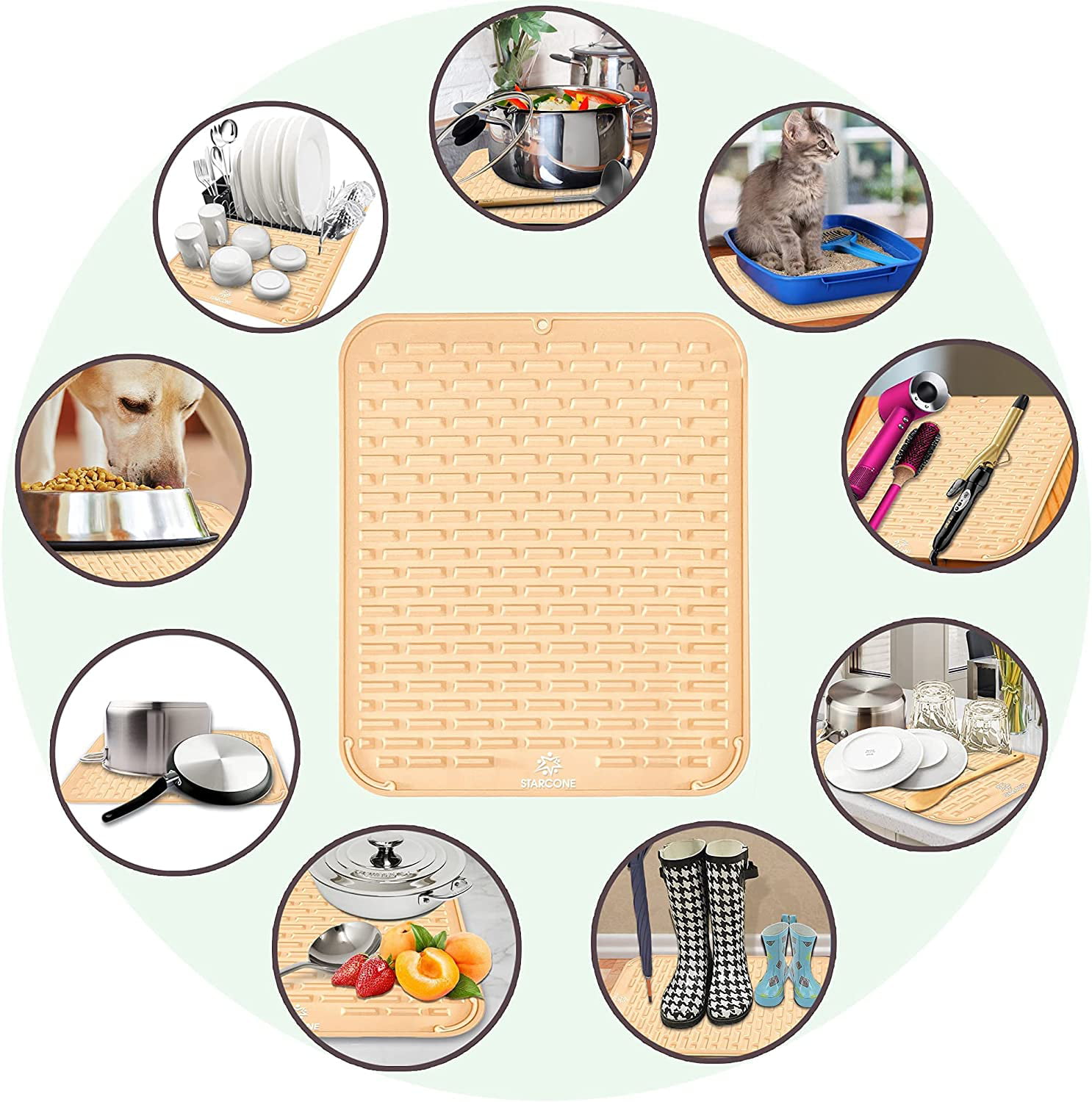 Bundle Pack of 2 with 18x16 8mm High Ridges Extra Large Creamy Beige Mat and Sponge or Soap Organizer Tray for Bathroom Kitchen Countertop STARCONE Silicone Dish Drying Mat