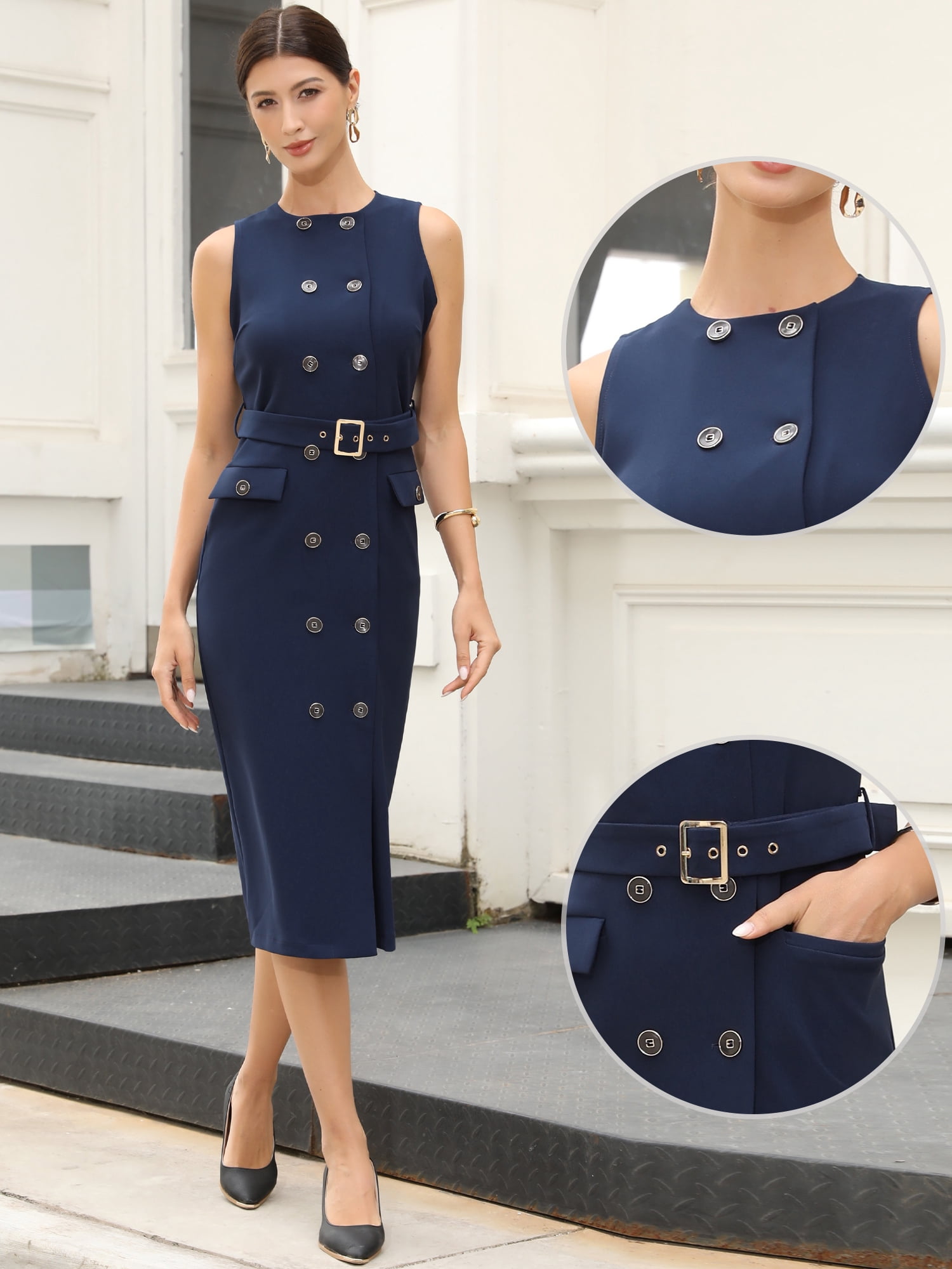 DARING DIVA Women's Double Breasted Dress Dressy Belted Pencil Dresses XS Dark Blue