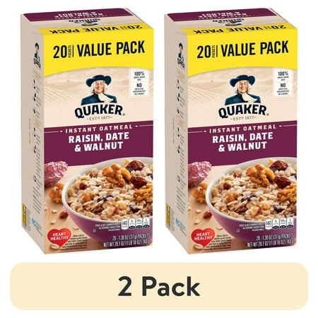(2 pack) Quaker, Instant Oatmeal, Raisin, Date & Walnut, 1.30 oz, 20 Packets