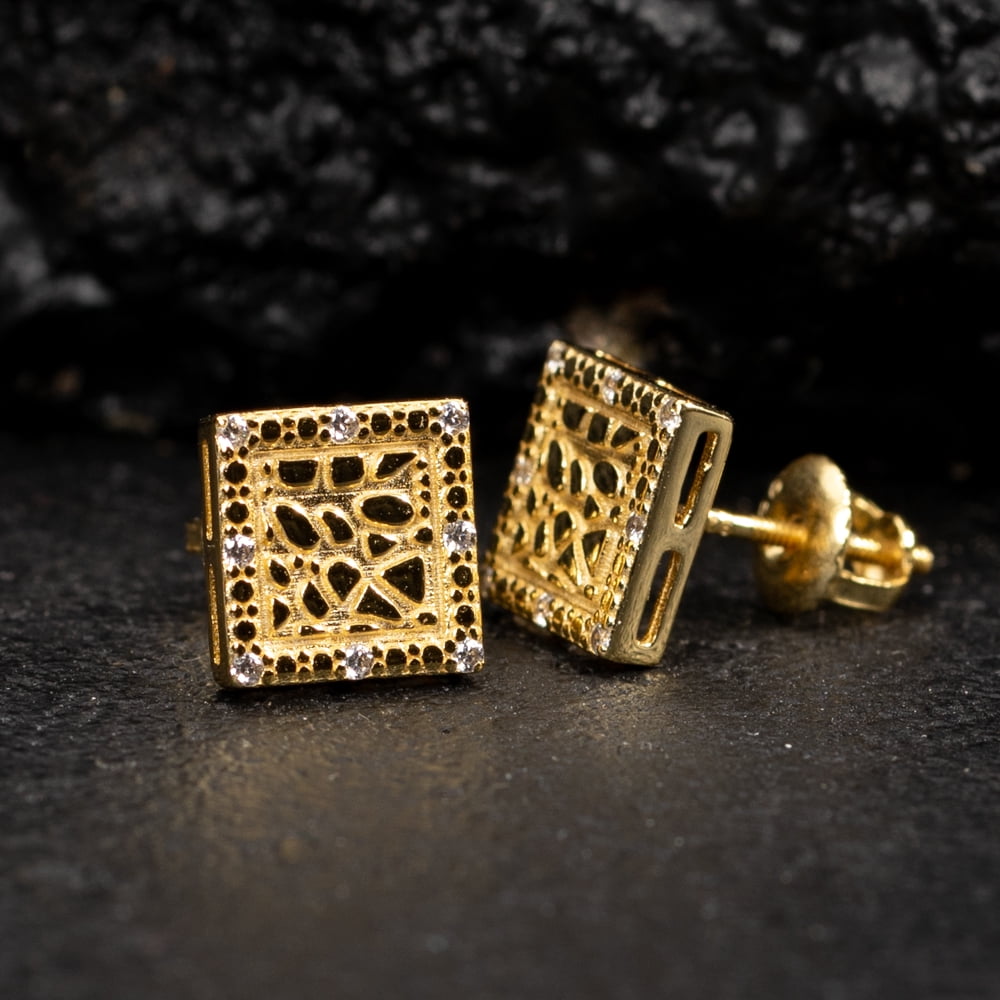Retro 90's Hip Hop Square Shape 14K Yellow Gold Plated 925 Sterling Silver Screw Back Post 9mm Textured Nugget Stud Earrings