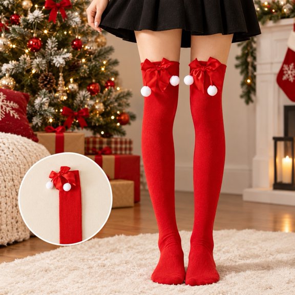Kicpot Women Solid Red Christmas Thigh High Socks, Over The Knee Socks with Red Bow and White Pom Poms, Santa Holiday Costume Accessory for Christmas Party
