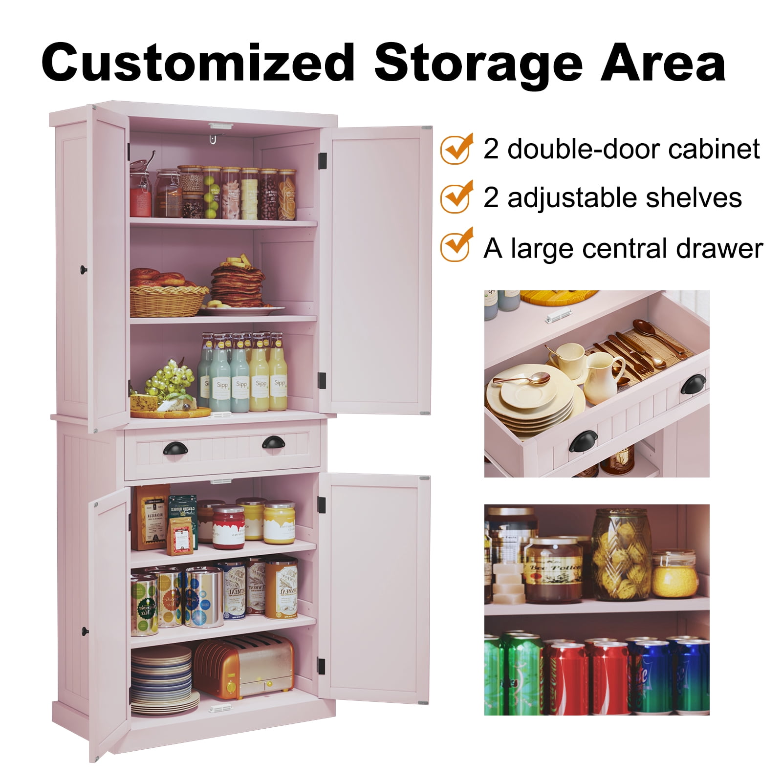 72" Tall Kitchen Pantry Cabinet with Drawer & Adjustable Shelves, Freestanding Storage Cabinet, Pink