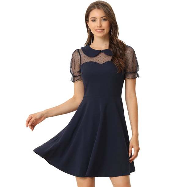 Vestido De Mujer Retro Con Cuello Peter Pan Y Mangas De Malla Azul Oscuro XS