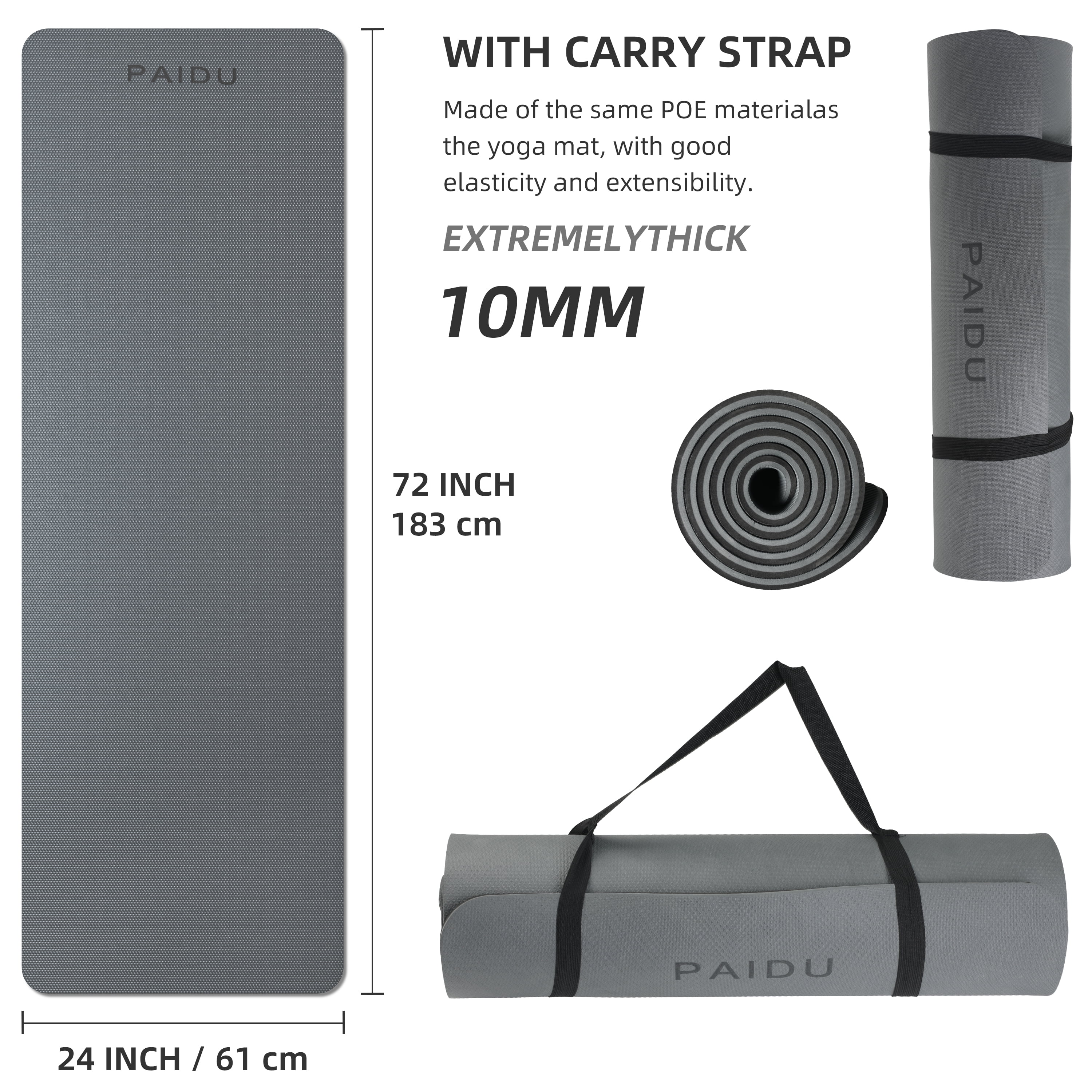 SAHAI 0.4inch Non-Slip Thick Yoga Mat with Strap –Travel & Home Gym Exercise Mat | 72x24 inch(Light Gray + Black)