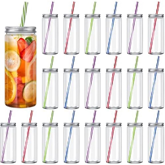 20 Pcs 8 oz Mini Plastic Juice Bottles with Airtight Lids and Straws Clear Mason Jars Drinking Bottle Bulk for Smoothies Juices Shakes Beverage Cups Containers, Bottles and Straws