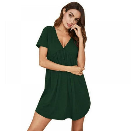 

Women s Short Sleeve Nightgown Deep-V Neck Sleepshirt Soft Comfy Loungewear Pajamas Dress Solid Color Nightdress