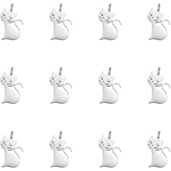 12Pcs 304 Stainless Steel Pendants with Jump Ring Cat Charm Stainless Steel Color 19.5x13x1.4mm Hole: 3.2mm