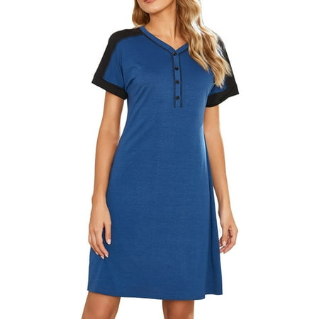 

WBQ Women Short Sleeve Nightgown V Neck Soft Sleepshirts Loose Fit Nightdress Loungewear Button Night Shirts