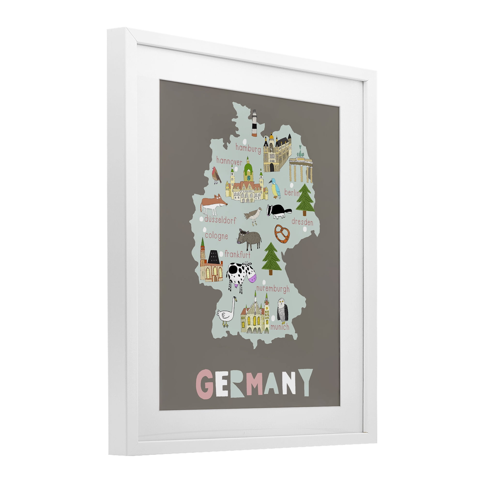 Kid's Map of Germany White Framed Print Under Glass, design by Carla Daly