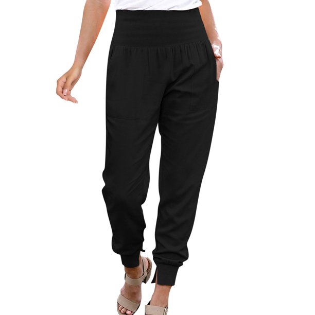 Gibobby pantalones de cargo mujer Cintura de tela Pantalones elásticos Pantalones elegantes Leggings Pantalones con bolsillos Pantalones casuales de jogging para mujer (Negro, S)