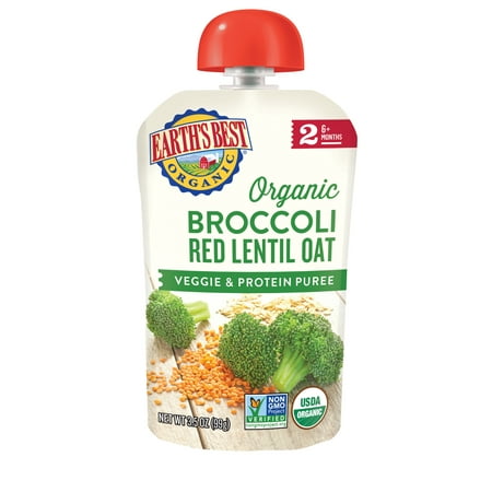 Earth's Best Organic Baby Food Broccoli Red Lentil Oat Puree, 3.5 oz, 6 Pack