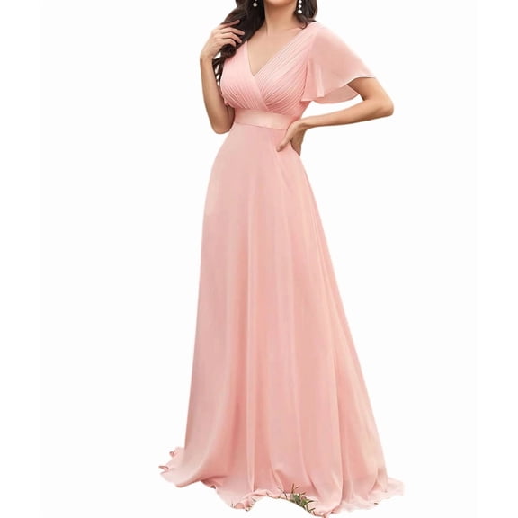 Women'S Dresses Short Sleeve V Neck Elegant Chiffon Bridesmaid Ruffle Wedding Guest Dresses Pink S