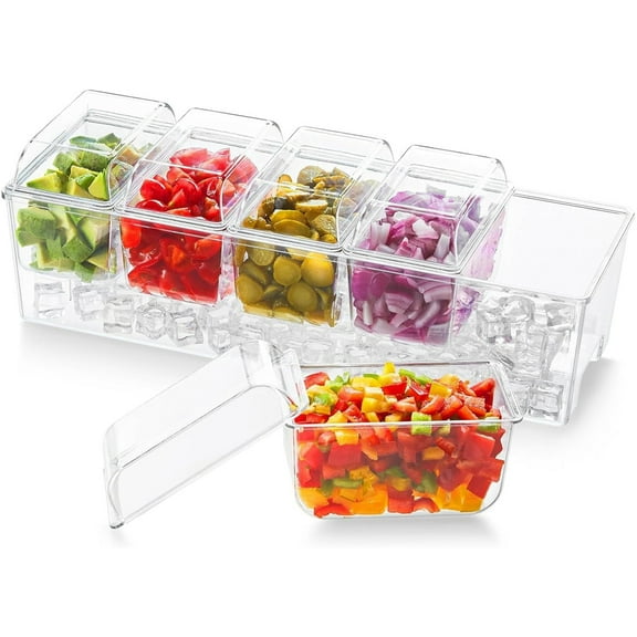 Bxaolu Large Ice Chilled Condiment Caddy, Chilled Condiment Containers Server with Lids for 5 Removable Compartments，Serving Platters, Fruit Tray for Party Supplies, Bar Accessories