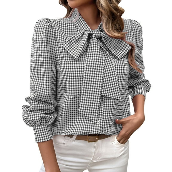 Delayuji Blouses for Women Women's V Neck Sleeve Top Plaid Blouse Long Sleeve Top Baggy Top Love Top Casual Shirt L Black
