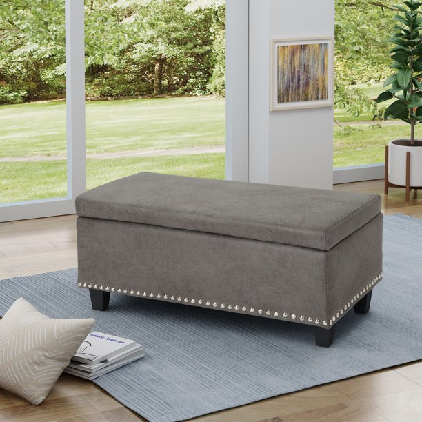 Noble House Contemporary Microfiber Storage Ottoman with Nailhead Trim