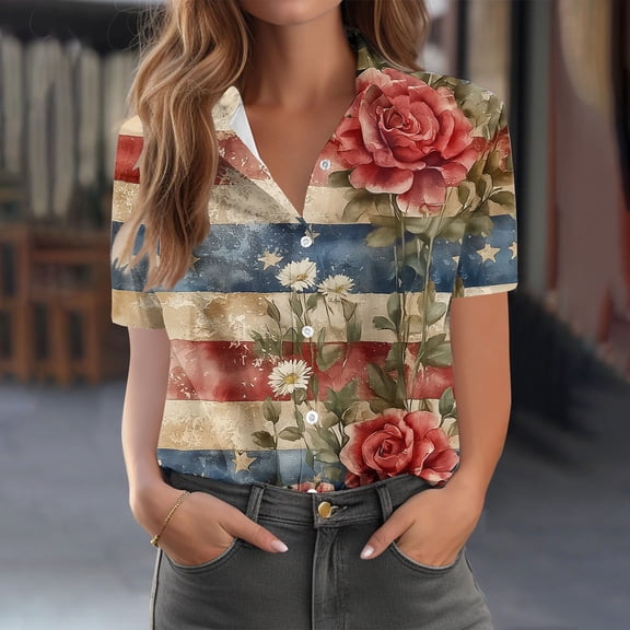Uootdi Womens Blouses American Flag Star Stripes Print Short Sleeve Button Down Loose Fit Breathable Soft Pullovers 4th Of July Patriotic Blouses Holiday Style Gift