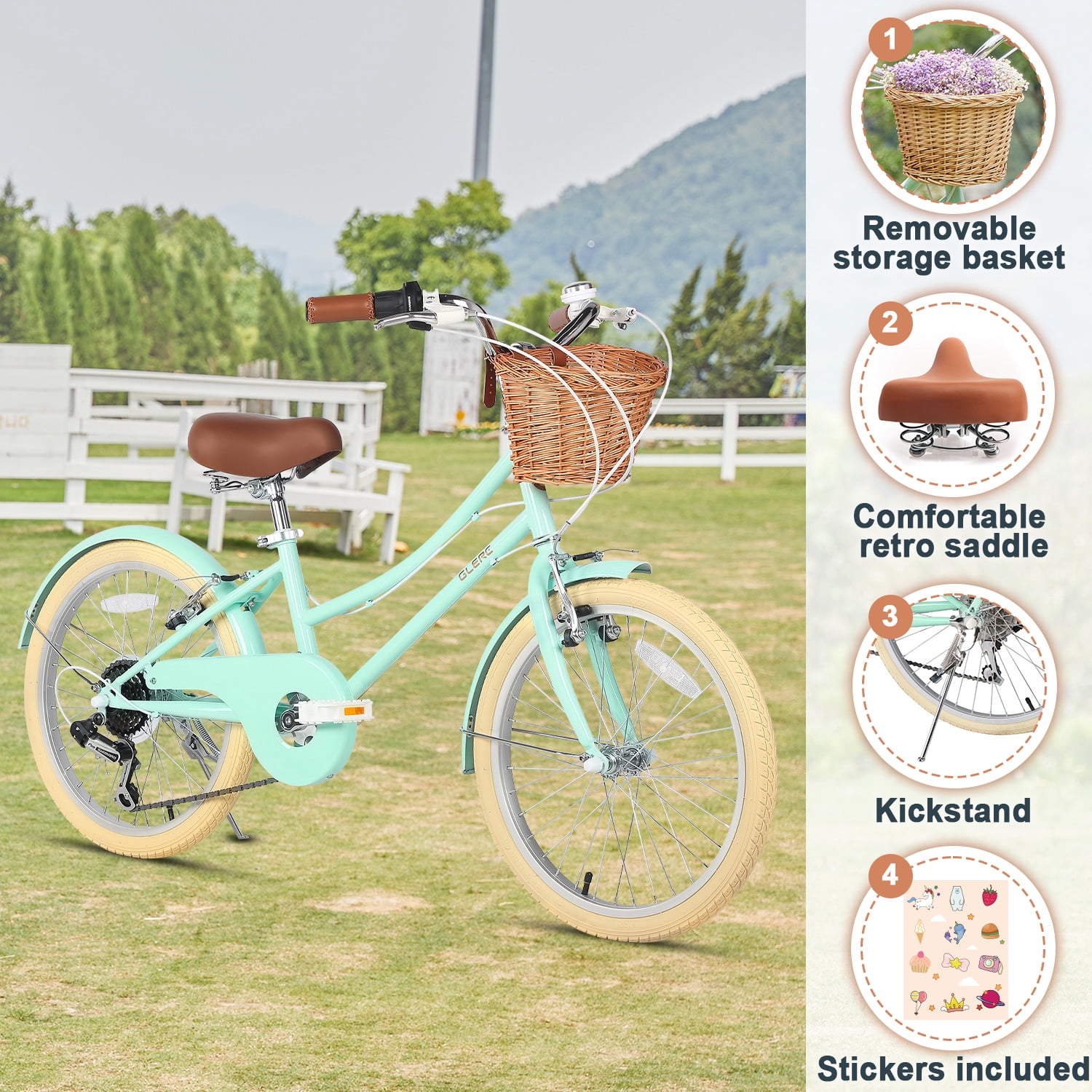 Glerc Missy 20" Girl Bicycle for Youth Over 6 Years Old Kids, Teenager with Wicker Basket, Mint Green