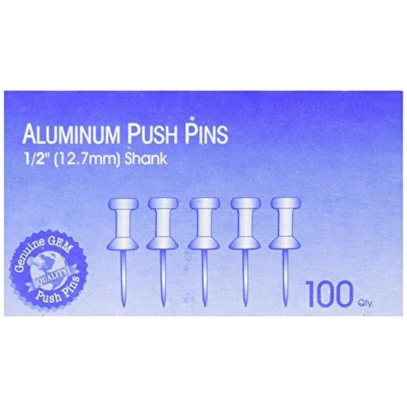 Aluminum Head Push Pins, Aluminum, Silver, 1/2", 100/box