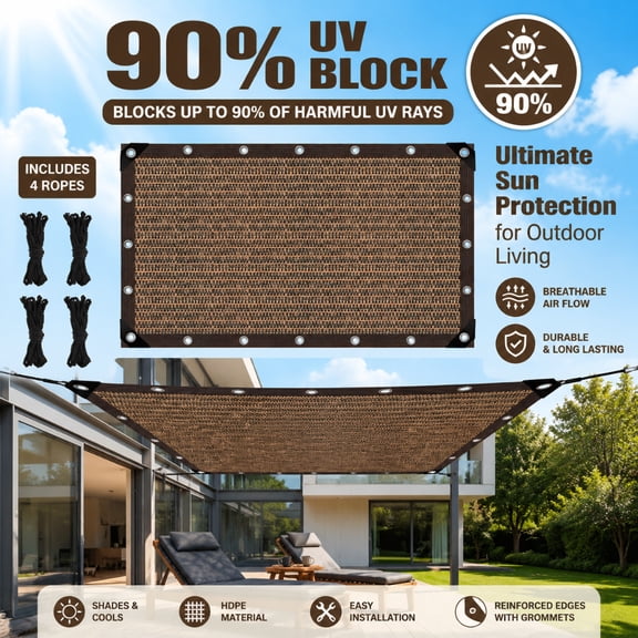 Doulami 10' X 19' Sun Shade Cloth, 90% Patio Sun Shade Canopy, Rectangle Sand UV Block Sunshade for Backyard Yard Deck Patio Garden Outdoor Activities and Facility,brown