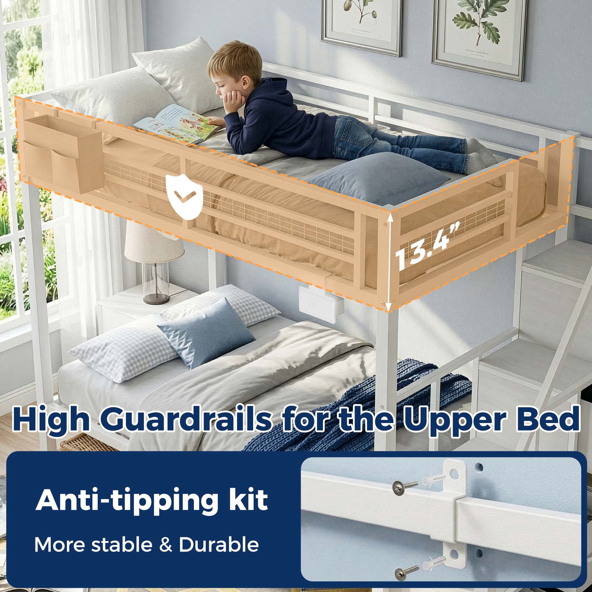 Miniyam Twin over Twin Bunk Bed with Storage Stairs and 6 Drawers, White