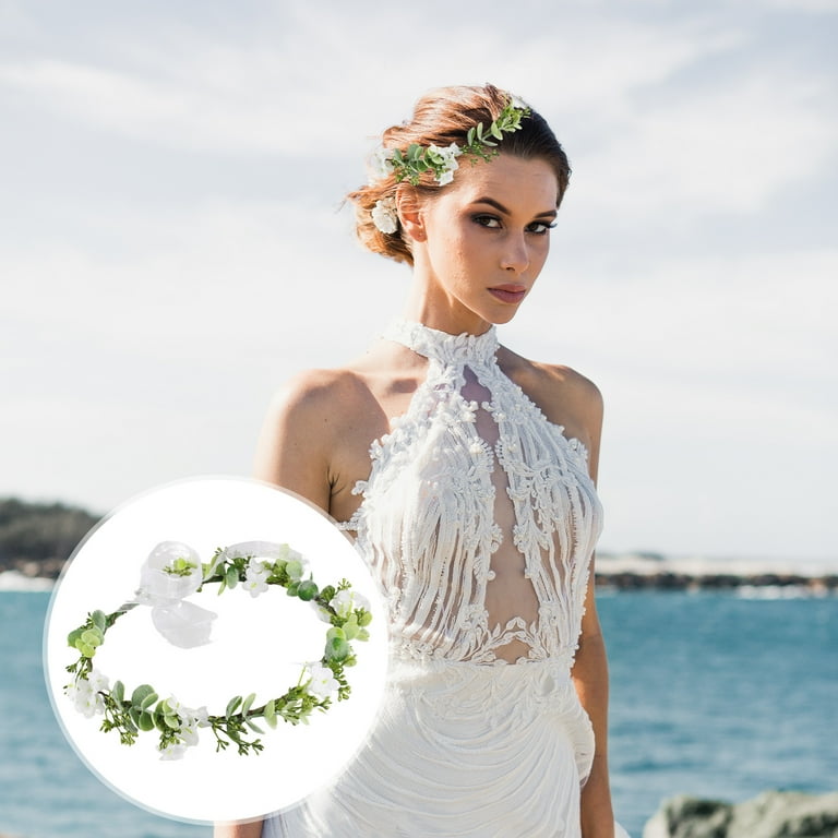 Xinwanna Bride Hair Wreath Green Leaf Crown Bridal Flower Crown Bride Hair  Accessories Bohemian Eucalyptus Mesh Decor Ribbon Wedding Birthday Vacation  Party Festival Photo Prop (White) - Walmart.com