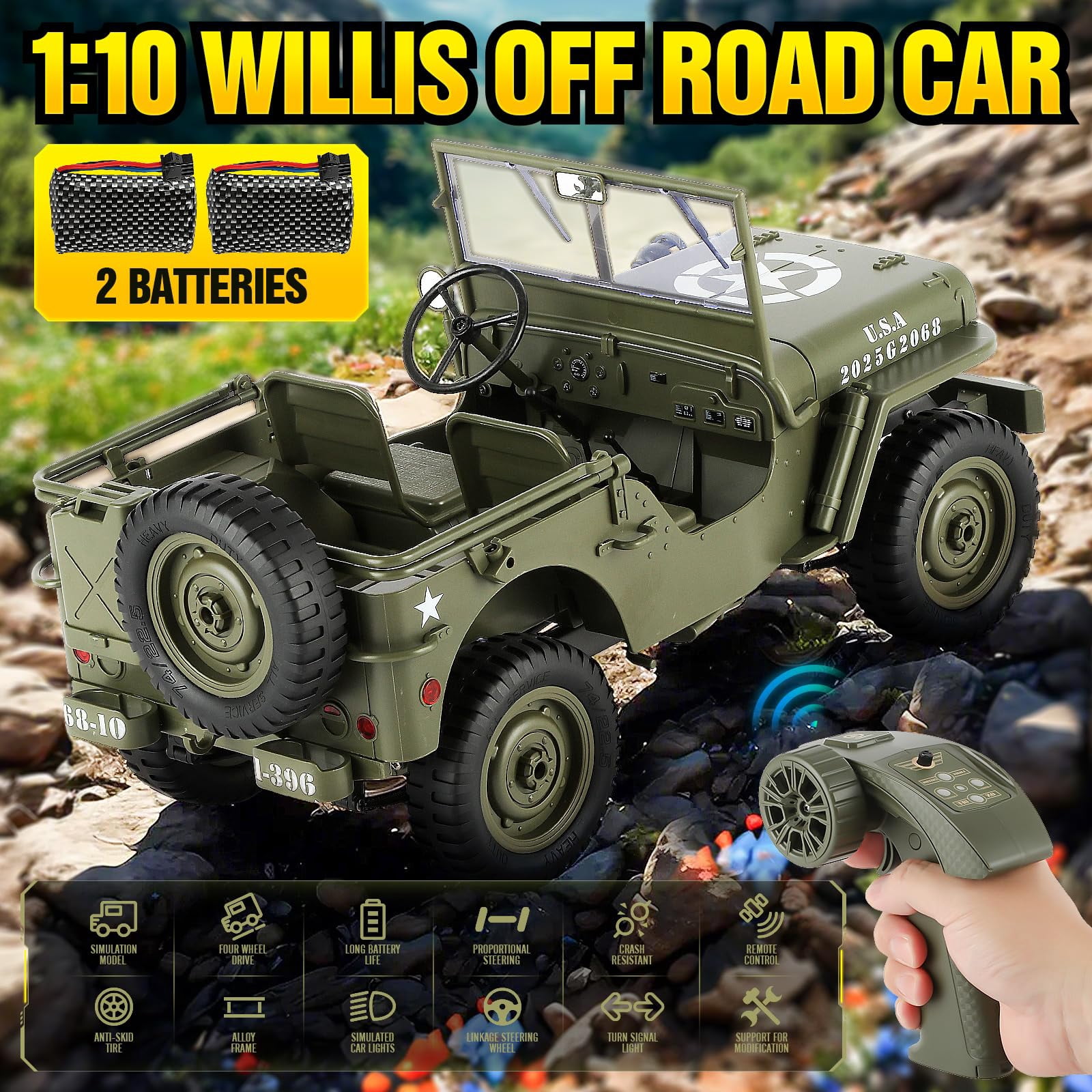 C8815 Remote Control Truck Off Road - 4x4 1/10 Scale Willys Army Rock Crawler RC Truck with Winch&Car Cover, All Terrain Offroad RC Car