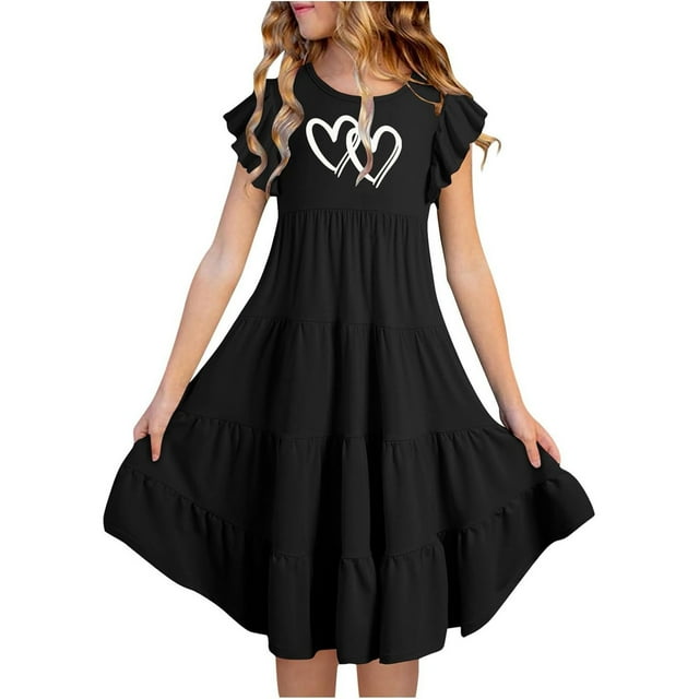 Girls Toddler Dress Summer Double Layer Flutter Sleeve Flowy A Line Gradient Midi Dresses For Kid Infant size 12-13T