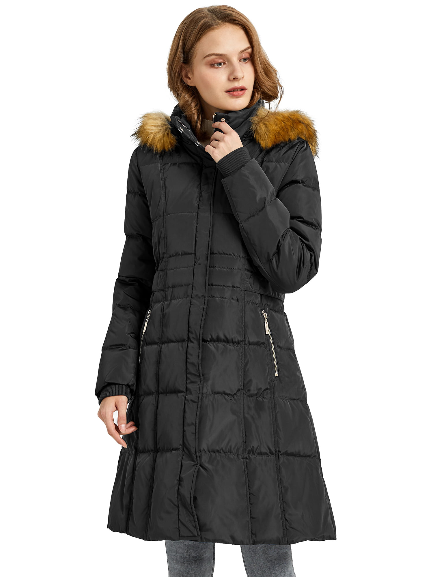 Frieed Women Faux Fur Hood Full-Zip Quilted Irregular Down Coat Puffer Jacket 
