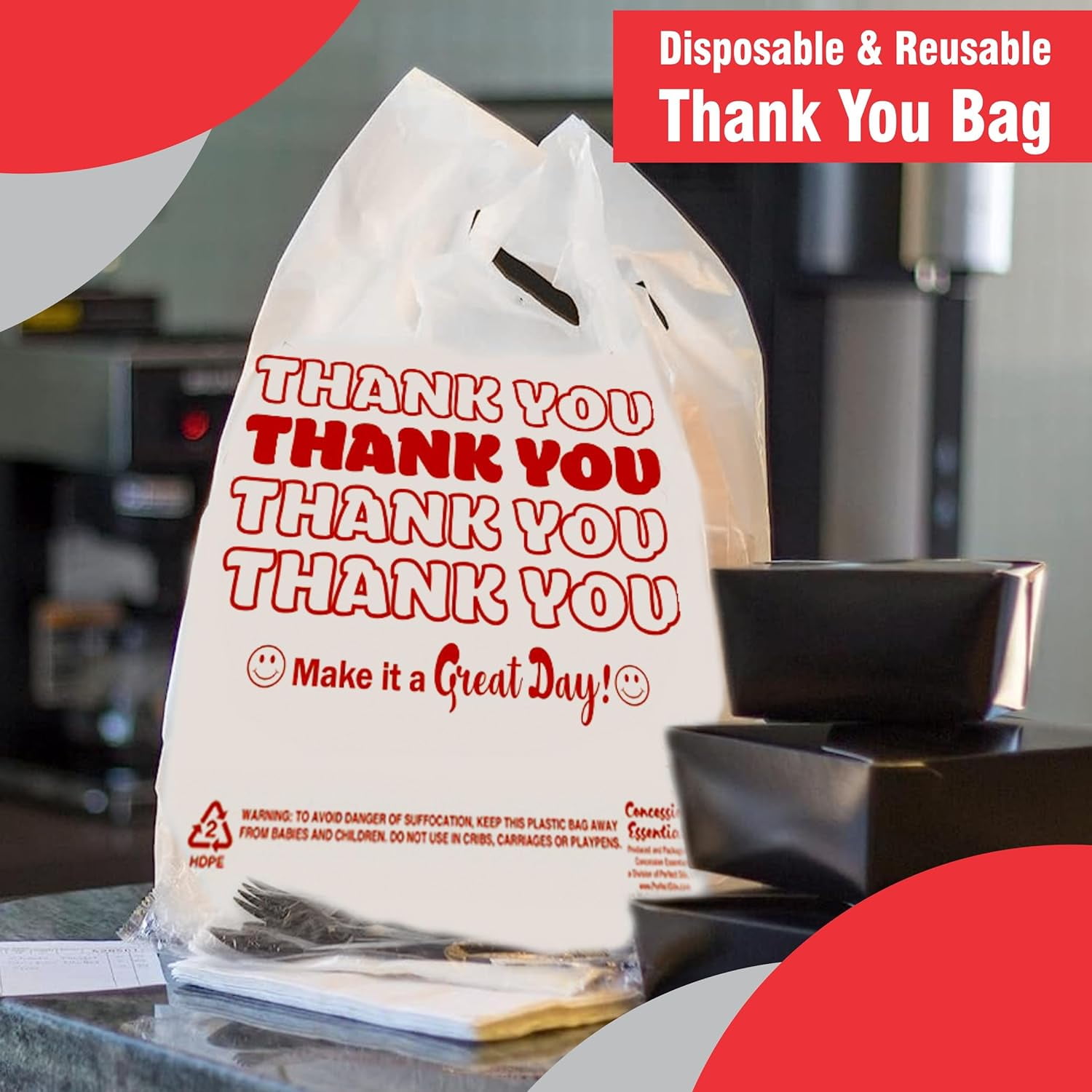 Concession Essentials Reusable Thank You Polyethylene, T Shirt Bags Pack of 100 White Count