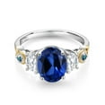 thumbnail image 2 of Gem Stone King 925 Silver and 10K Yellow Gold 3-Stone Ring Oval Blue Created Sapphire and Moissanite (2.81 Cttw, Size 9), 2 of 3