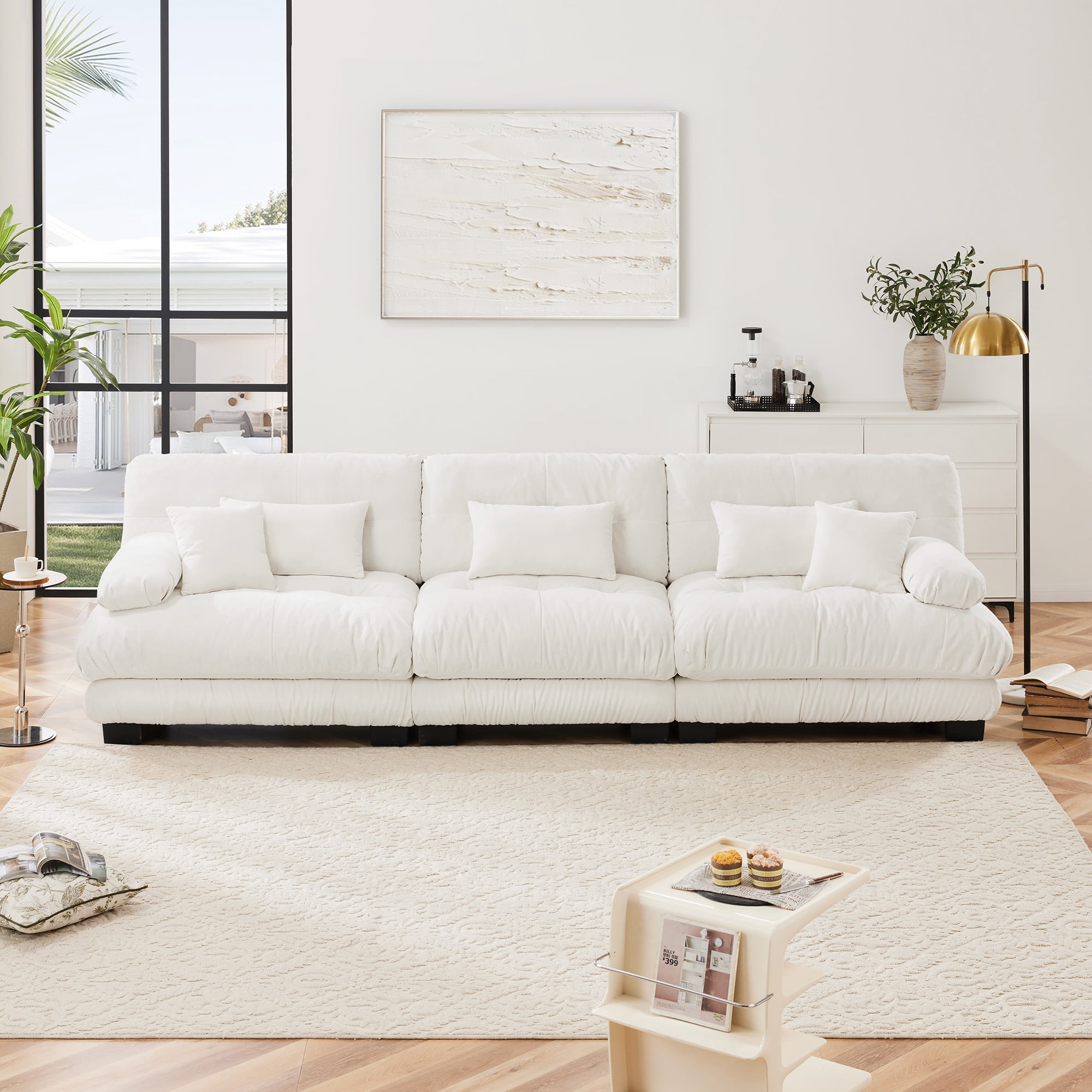 Gewnee 3-Seater 133.8" Modular Sectional Sofa, Deep Seat Chenille Cloud Couch with Lumbar Pillows & Throw Pillows, Upholstered Sofa for Living Room, White