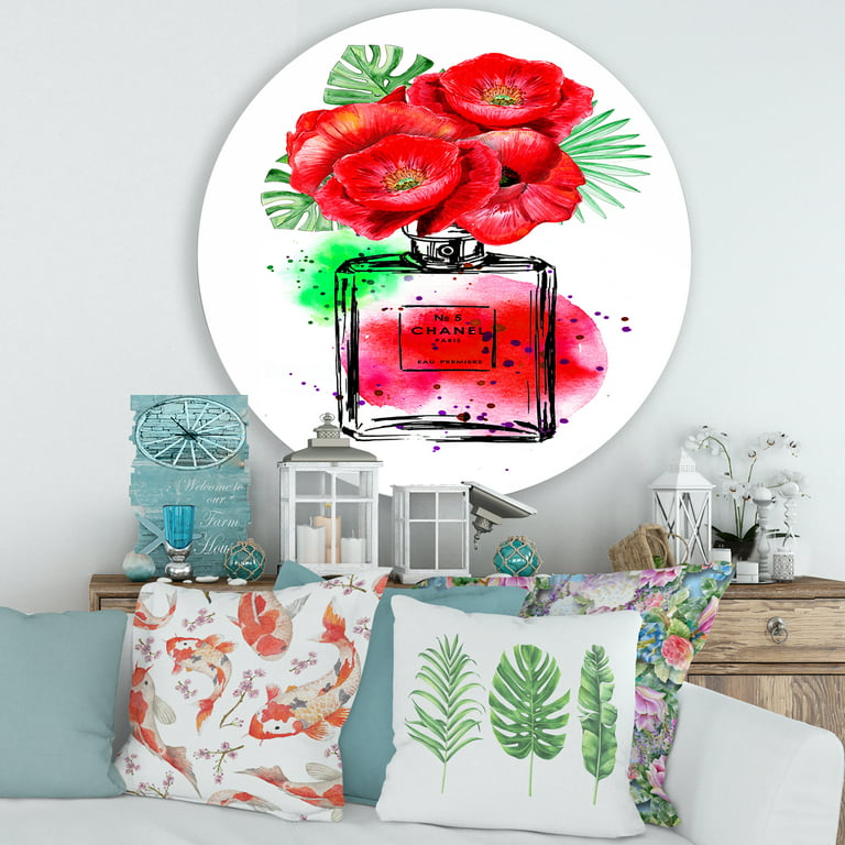 Designart 'Perfume Chanel Five with Red Flowers' Modern Circle Metal Wall Art 36x36 - Disc of 36